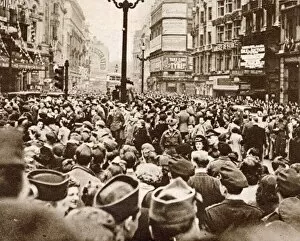 Crowds congregating in Piccadilly Circus, one of the focal points of celebrations on VE