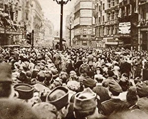 Crowds congregating in Piccadilly Circus, one of the focal points of celebrations on VE Crowds congregating in Piccadilly Circus, one of the focal points of celebrations on VE
