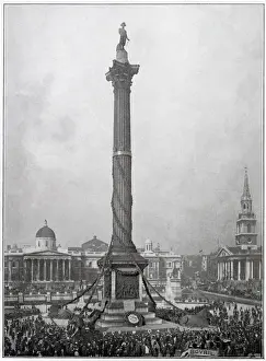 Celebration Prints: Crowds gather round Nelsons column in Trafalgar Square to celebrate the victory of