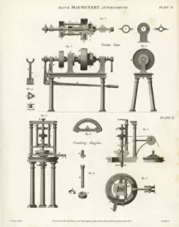 Rees Gallery: Crown saw and coaking engine, 18th century