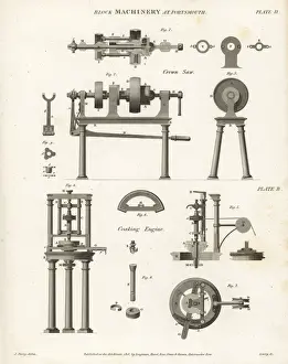 Lathe Prints: Crown saw and coaking engine, 18th century