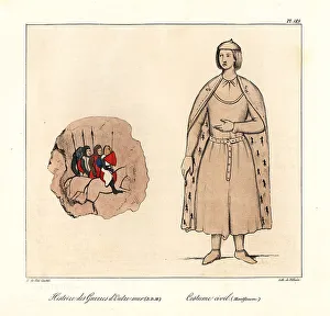 13th Century Prints: Crusader knights on horseback and male civil costume, 13th centu