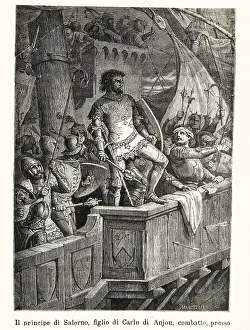 Lame Prints: Crusades. Charles II of Anjou fighting. Engraving