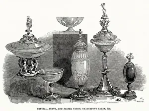 Antiques Prints: Crystal, agate and jasper vases and a chalcedony tazza