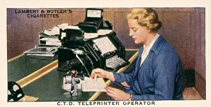 Operator Prints: A CTO teleprinter and its operator, noting down a message. Date: 1930s