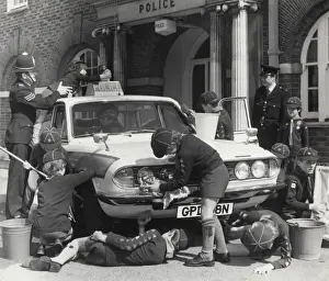 Buckets Prints: Cub scouts washing police car, Surrey