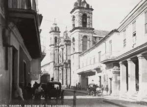 Cuba: Havana, side view of the cathedral, street scene