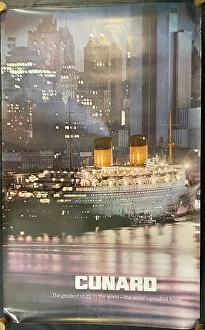 Skyscrapers Prints: Cunard Line, poster, QE2 in New York City, USA