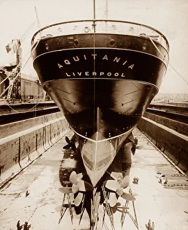 Liners Prints: Cunard RMS Aquitania in dry dock early 1900s
