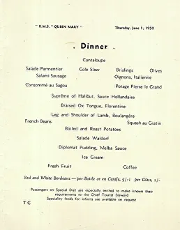 Cunard White Star, RMS Queen Mary, Dinner Menu