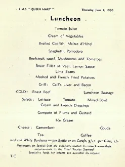 Cunard White Star, RMS Queen Mary, Luncheon Menu