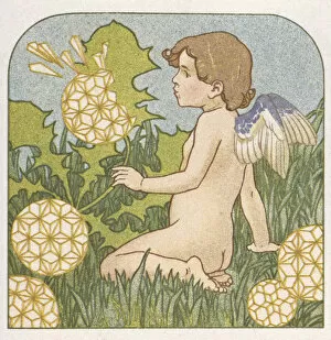 Seeds Collection: Cupid blowing dandelion seeds in a garden