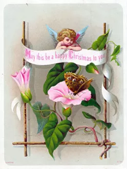 Cupid, butterfly and flowers on a Christmas card