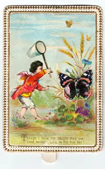 Cupid with butterfly net on a greetings card