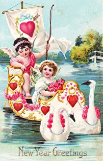 Cupid and fairy with hearts on a New Year postcard