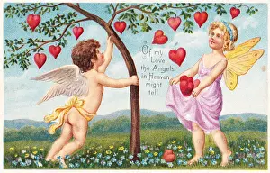 Forgetmenot Prints: Cupid and fairy with red hearts on a Valentine postcard