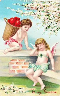 Cupid and fairy with red hearts on a Valentine postcard