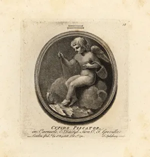 Antiquarian Prints: Cupid fishing with a rod and basket on the shoreline