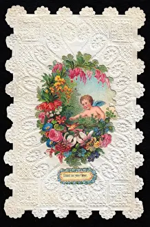 Forgetmenots Prints: Cupid with flowers and bird on a Valentine card