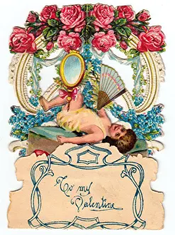 Forgetmenots Prints: Cupid with flowers and fan on a Valentine card