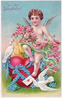 Cupid Prints: Cupid with flowers, heart and doves on a Valentine postcard
