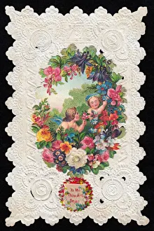Forgetmenots Prints: Cupid with flowers and lady on a Valentine card