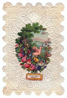 Thee Prints: Cupid with flowers on a paper lace romantic card