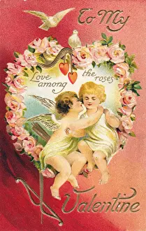 Cupid with girlfriend and doves on a Valentine postcard