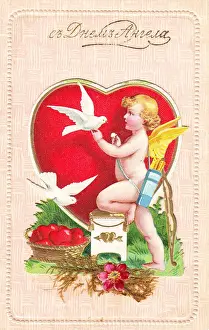 Cupid with hearts and doves on a Valentine postcard