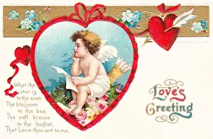 Forgetmenots Prints: Cupid with hearts and flowers on a Valentine postcard