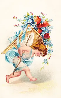 Cupid with hearts and flowers on a Valentine postcard