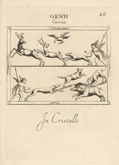 Darts Prints: Cupid hunting stag, fox and wild boar with hounds
