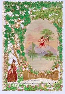 Images Dated 18th June 2018: Cupid and lady with flowers on a paper lace romantic card