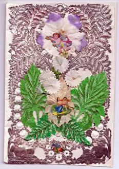 Images Dated 19th June 2018: Cupid with leaves on a paper lace romantic card