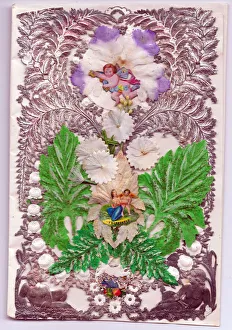Images Dated 19th June 2018: Cupid with leaves on a paper lace romantic card