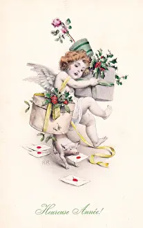 Envelopes Prints: Cupid and piglet on a French New Year postcard