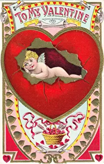Cupid with red heart on a Valentine postcard