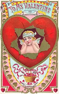 Cupid with red heart on a Valentine postcard