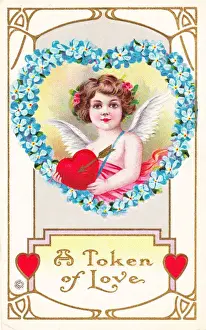 Forgetmenots Prints: Cupid with red hearts and arrow on a Valentine postcard