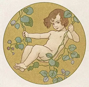 Cupid swinging on a leafy branch