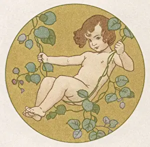 Leafy Prints: Cupid swinging on a leafy branch