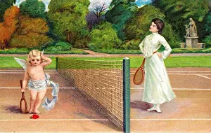 Cupid and woman playing tennis on a Valentine postcard