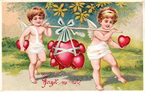 Cupids carrying red hearts on a Valentine postcard