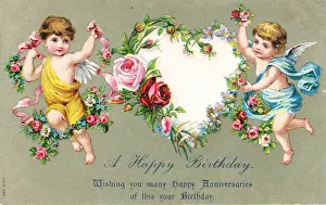Cupids with flowers on a birthday postcard
