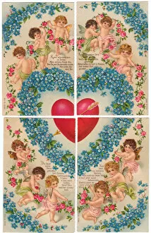 Cupids with hearts and flowers on a German Valentine card