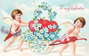 Cupids with hearts and flowers on a Valentine postcard