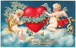 Cupids with hearts and flowers on a Valentine postcard