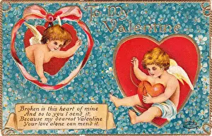 Cupids with hearts and flowers on a Valentine postcard