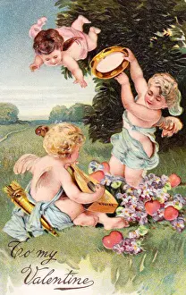 Cupids with hearts and flowers on a Valentine postcard