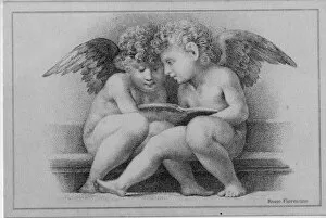 Two cupids reading a book